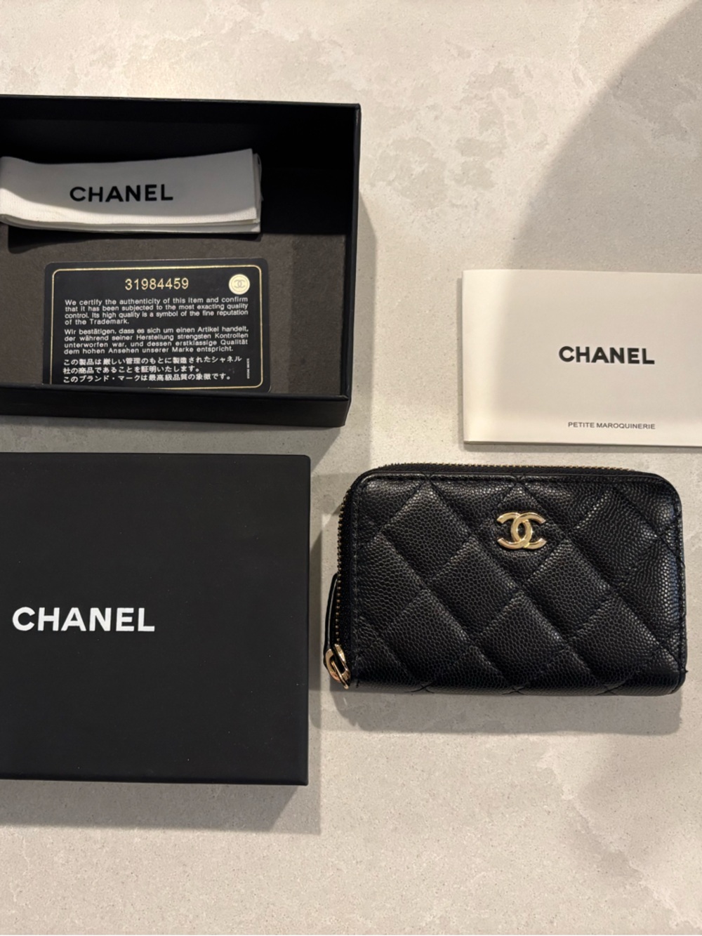 CC Black Quilted Caviar Leather Zip Card Holder with Gold handware
